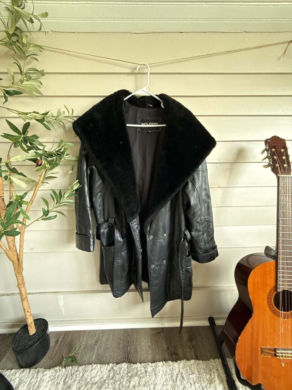 Wilsons Leather vintage Women's Belted Black Leather Coat with Faux Fur Hood